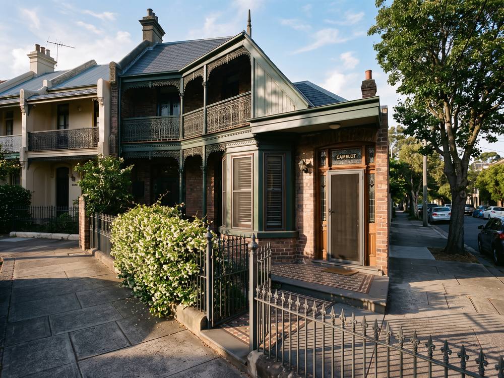 Charcoal security screen door and window screens on a restored inner west Sydney terrace