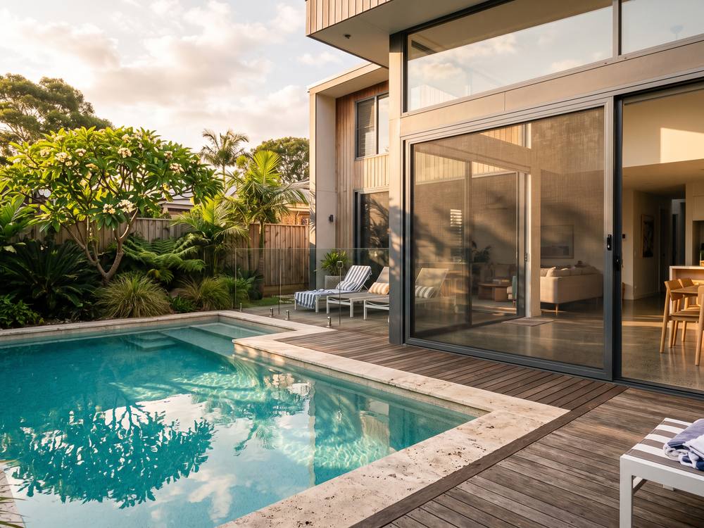 Sliding security screen door onto a backyard pool area