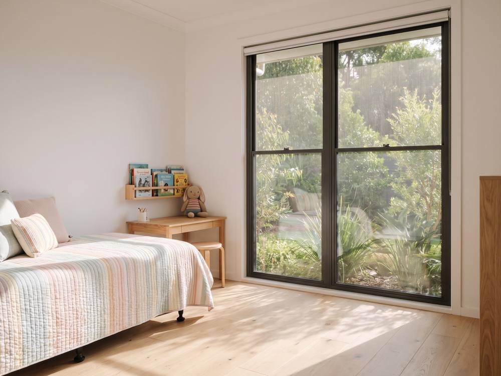 Child's bedroom window fitted with a security screen, garden visible beyond