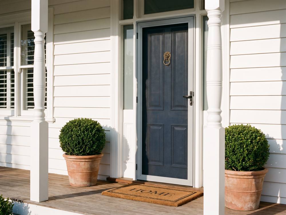 Hinged security screen door on the entry porch of a Hamptons style Australian home