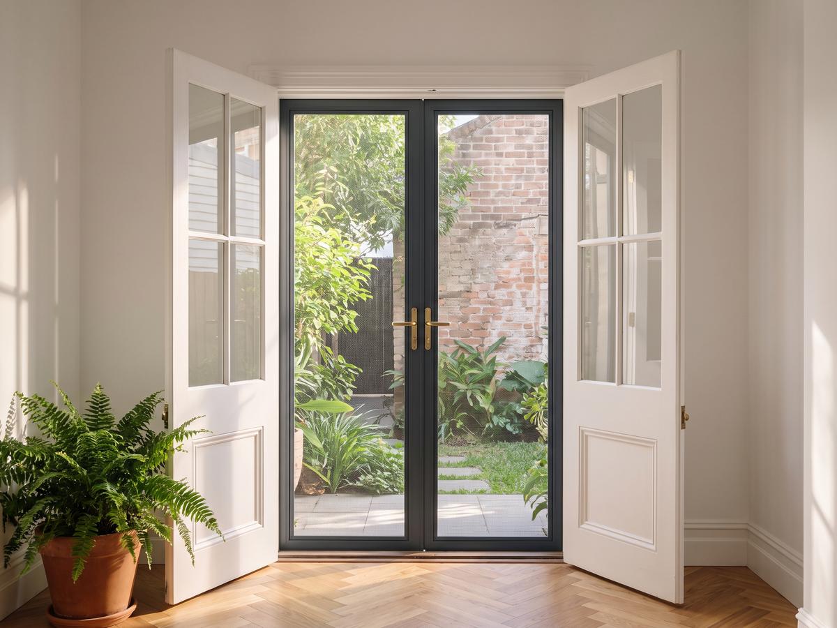 Matched pair of security screen doors over French doors in a Sydney terrace