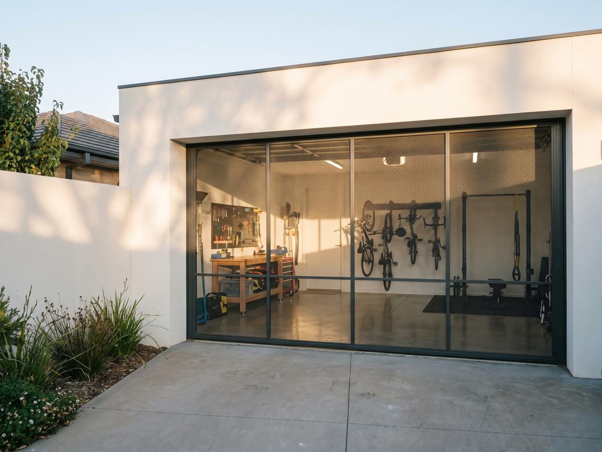 Garage opening screened and converted into a home gym and workshop
