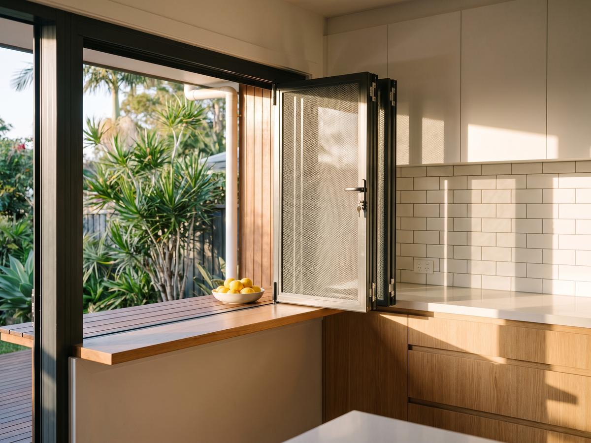 Hinged security screen on a kitchen servery window opening to a deck
