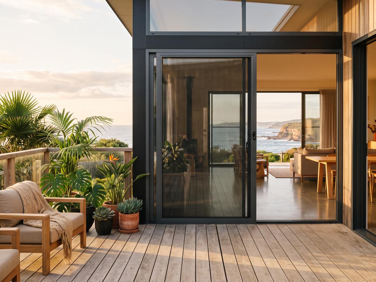 Sliding security screen door on a patio opening, partly open onto a timber deck