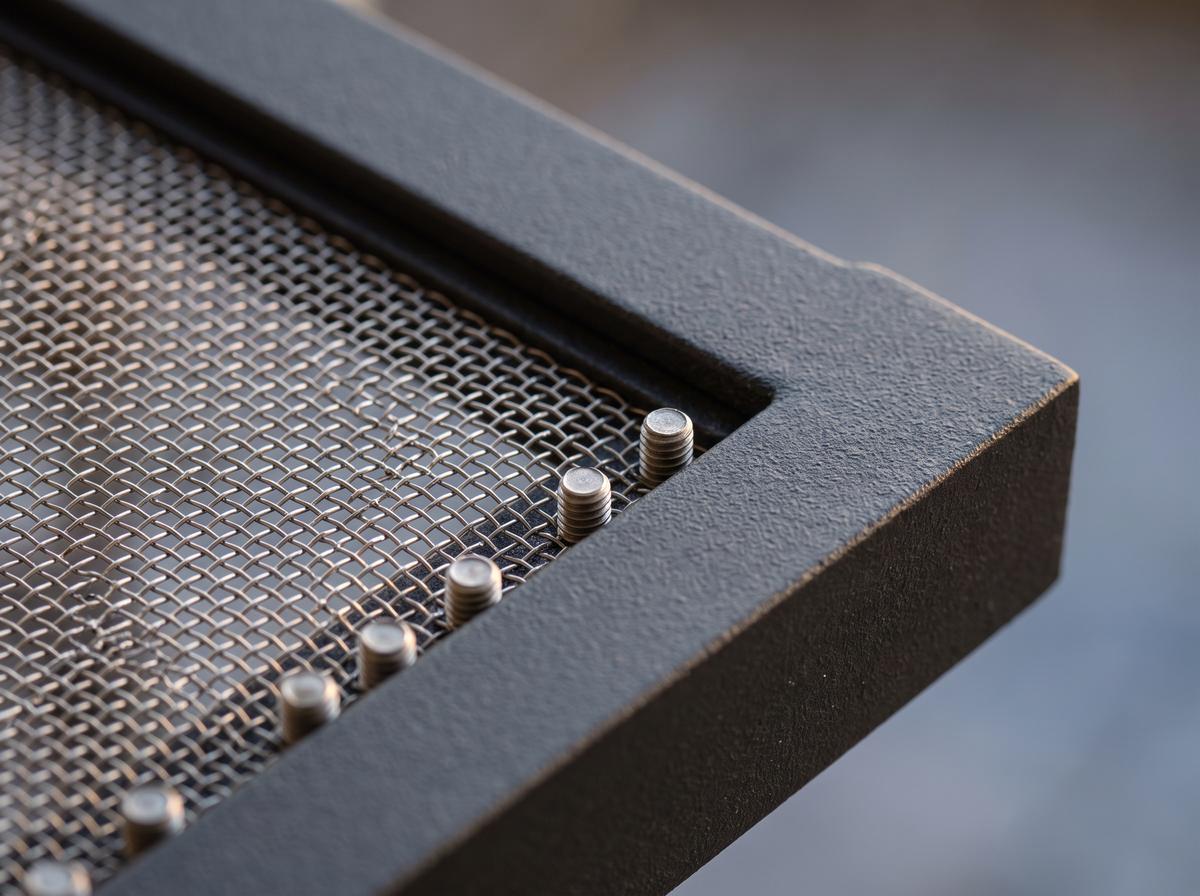 Close up of security screen mesh mechanically clamped into an aluminium frame with a row of screws