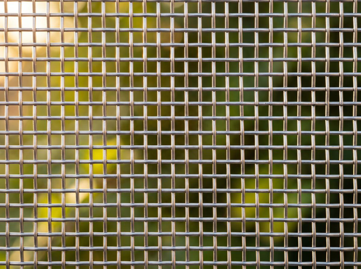Macro detail of woven stainless steel security mesh backlit by afternoon sun
