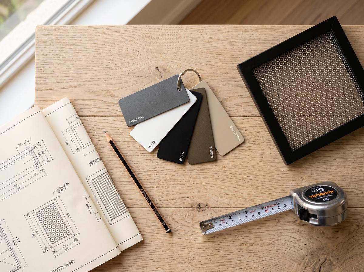 Powder-coat colour swatches, a security mesh sample and a tape measure on a table