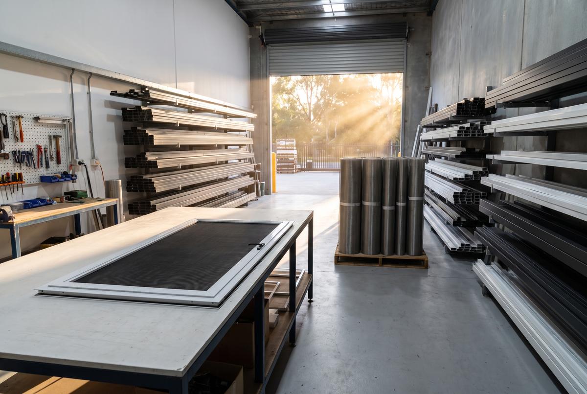 Security screen fabrication workshop with powder-coated frame stock and rolls of stainless mesh
